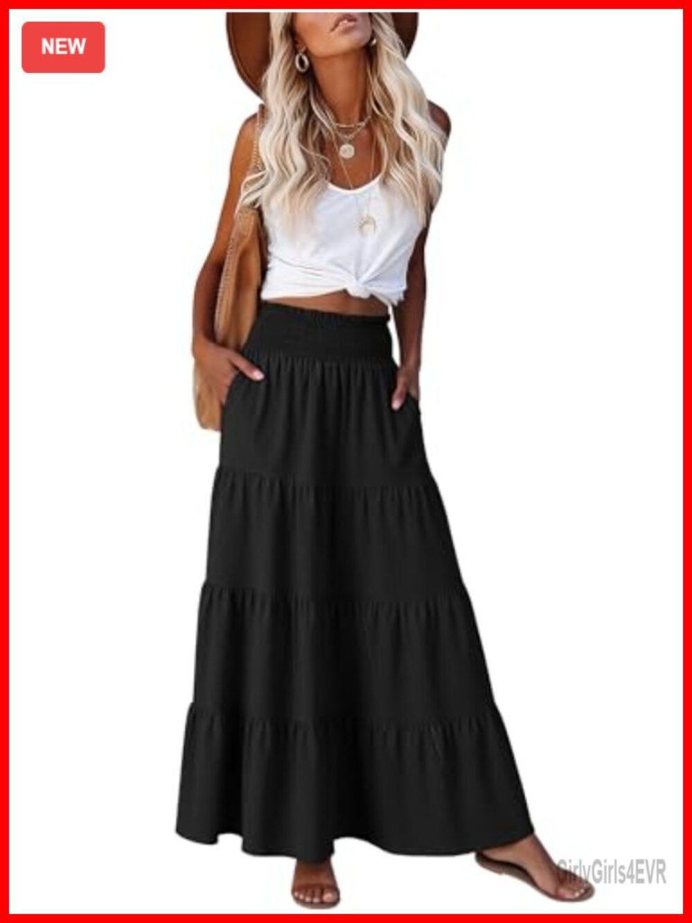 Women's Tiered A-Line Maxi Skirt Elastic High Waist Flowy Beach Casual